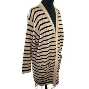 Rodier France Tan Black Stripe Long Sleeve Open Front Woven Cardigan Sweater